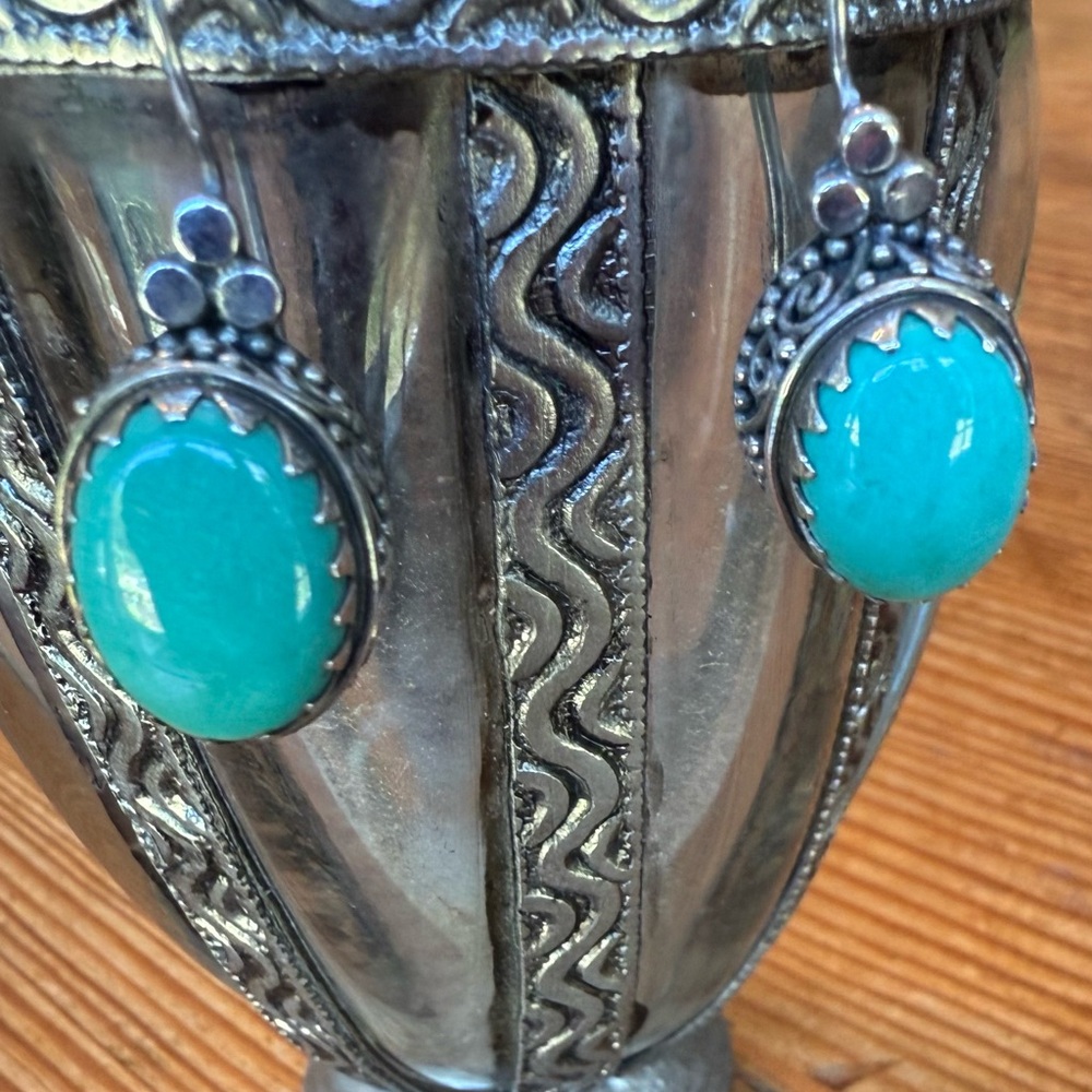 Elegant Silver and Turquoise Cabochon Drop Earrings